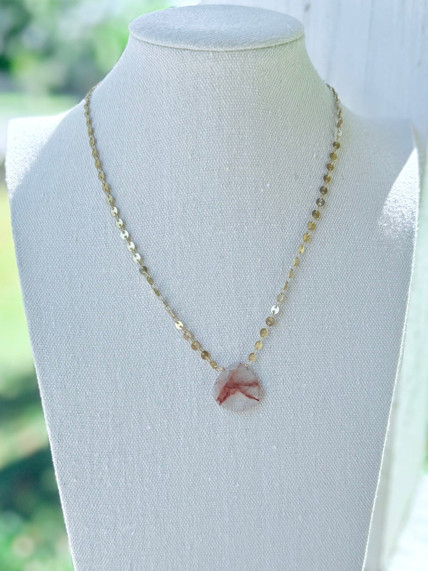 Red Hematite Quartz Pendant + Matte Gold Necklace