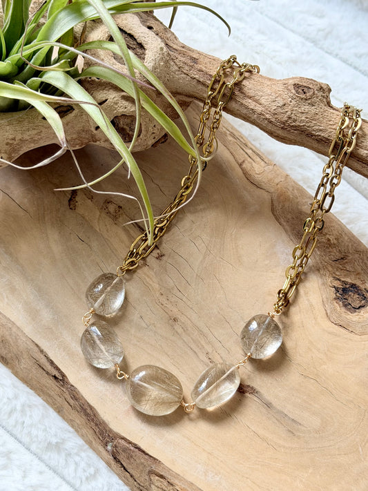 Chunky Rutilized Quartz + Gold Stainless Necklace