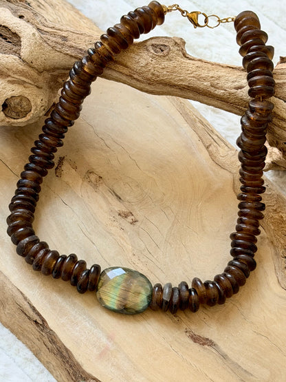 Labradorite + Brown African Glass Chunky Necklace