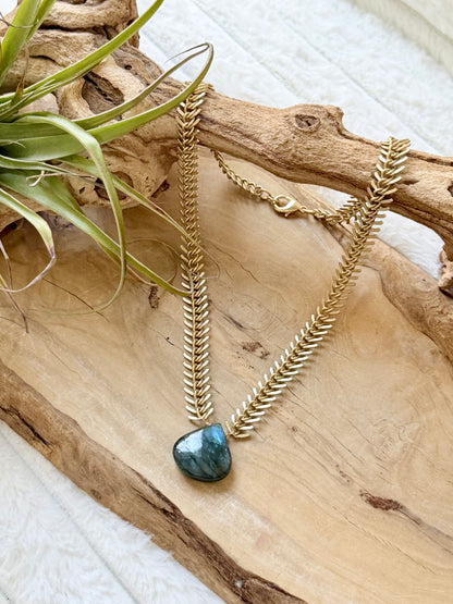 Labradorite + Matte Gold Fishbone Chain Necklace