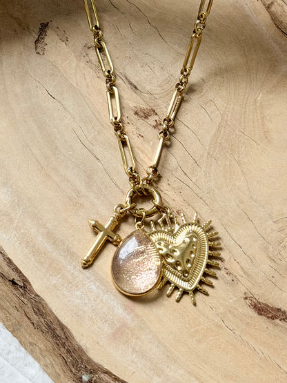 Copper in Quartz + Gold Sacred Heart Carabiner Necklace