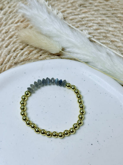 Blue Flash Faceted Labradorite + Gold Beaded Bracelet