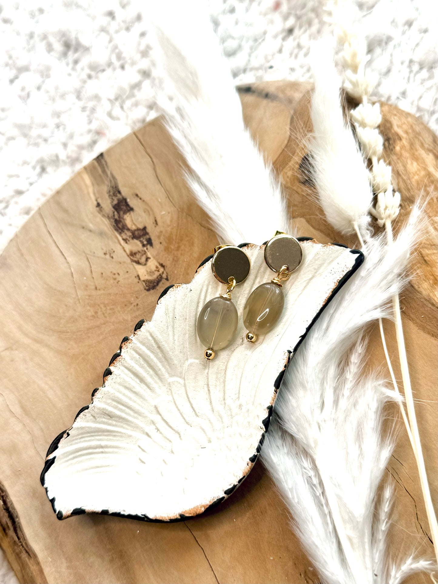 Gray Moonstone + Gold Earrings