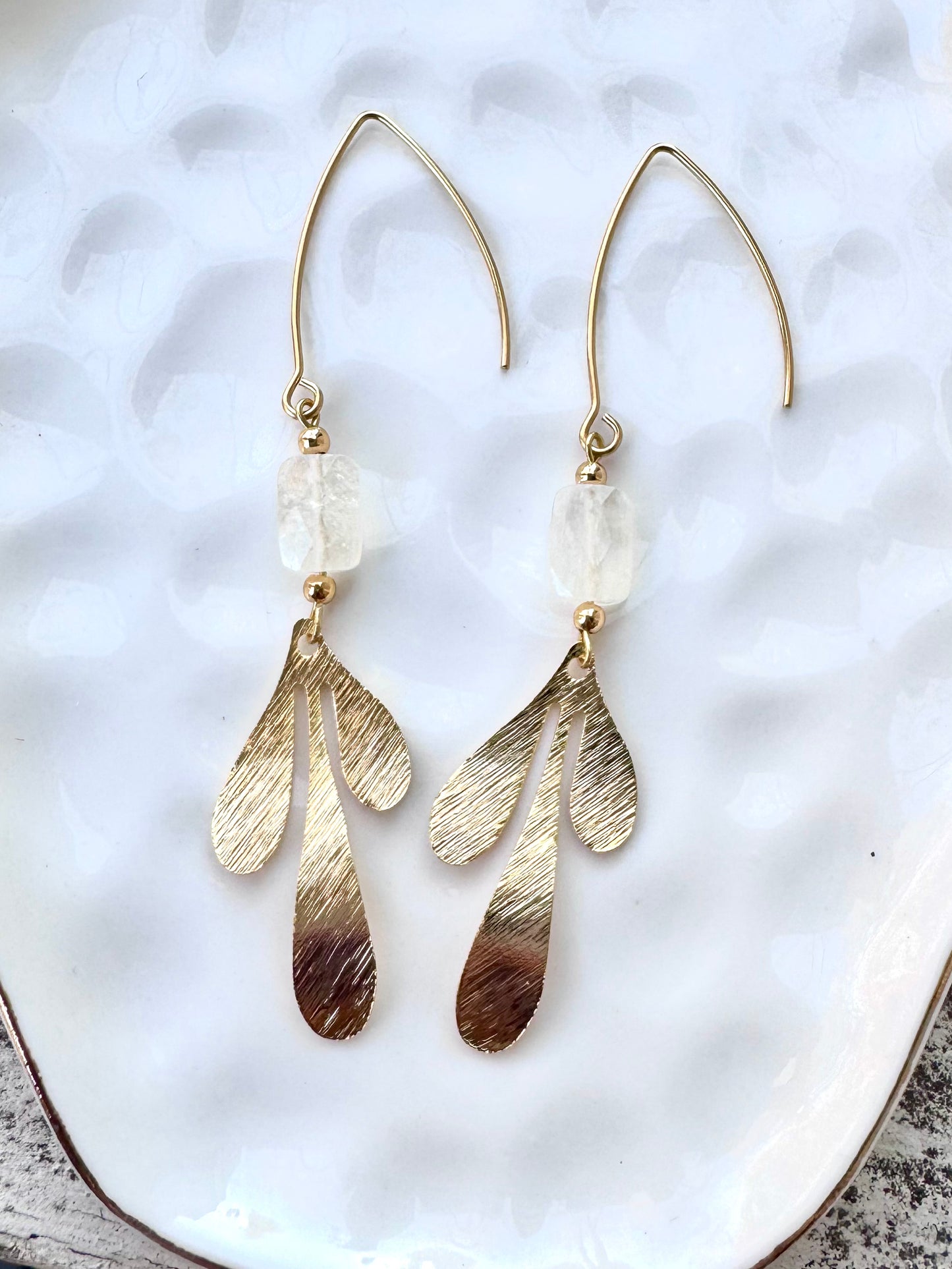 Botanical Dew Drop + Calcite Gold Dangle Earrings