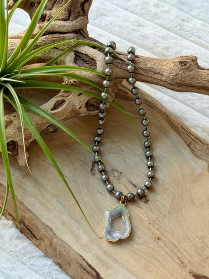 Agate + Antique Silver Ball Chain Necklace
