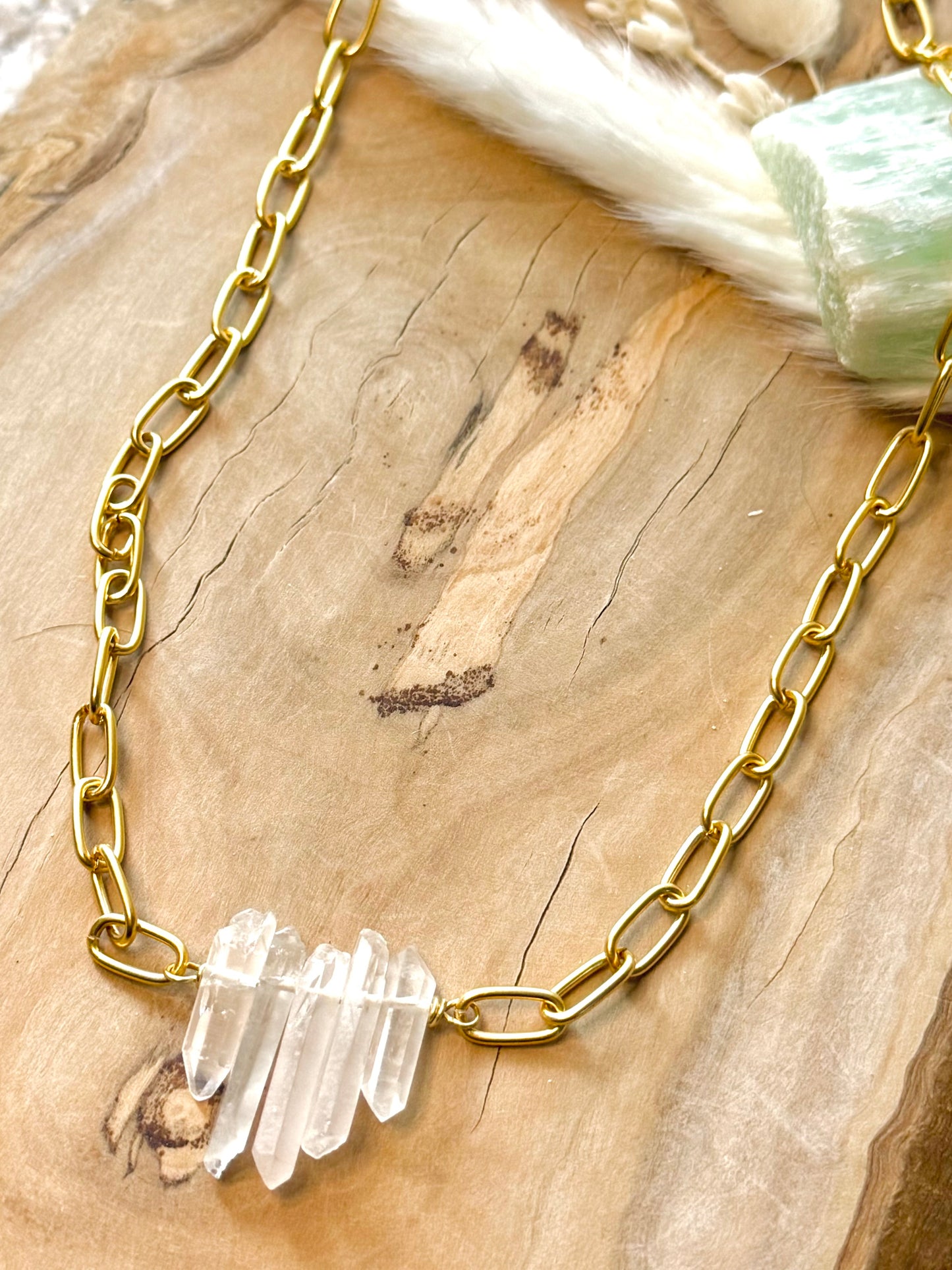 Raw Clear Quartz + Matte Gold Necklace