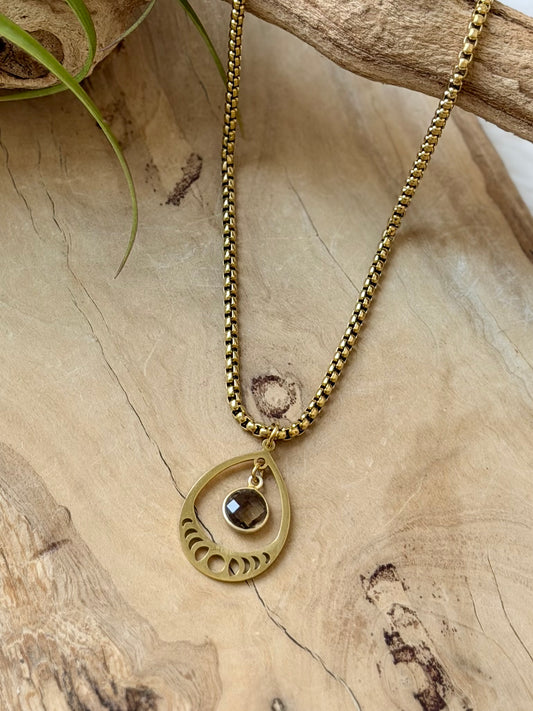 Smoky Quartz + Gold Moon Phases Necklace