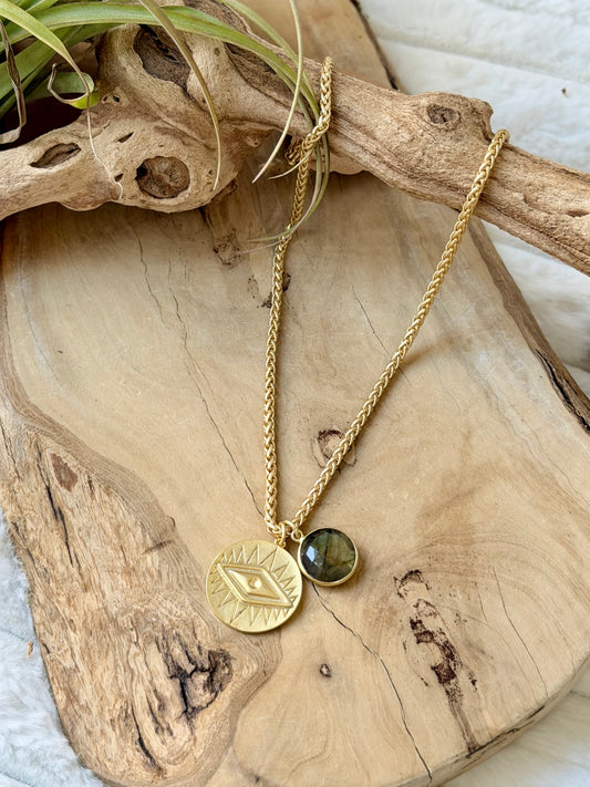 Labradorite + Matte Gold Evil Eye Necklace