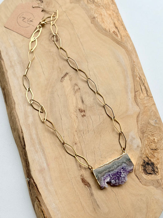 Amethyst Slice + Gold Stainless Steel Chain Necklace
