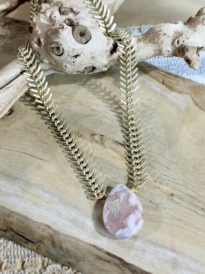 Cherry Blossom Agate + Matte Gold Fishbone Necklace