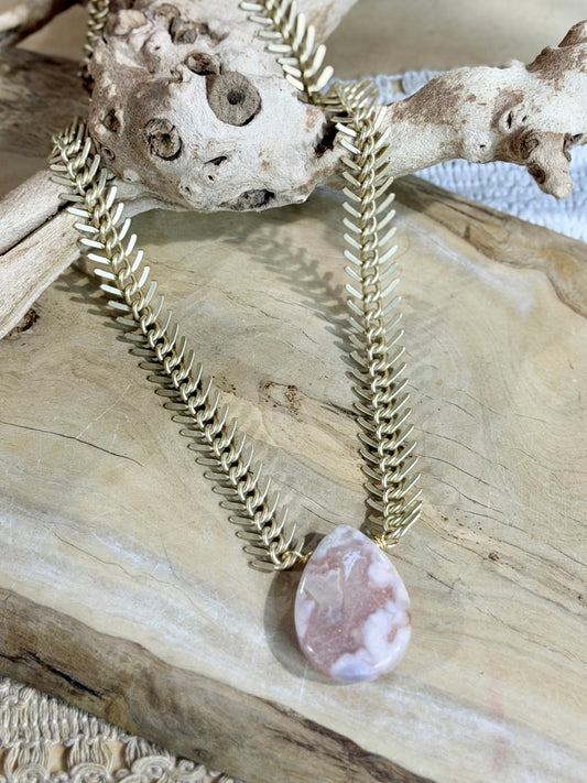 Cherry Blossom Agate + Matte Gold Fishbone Necklace