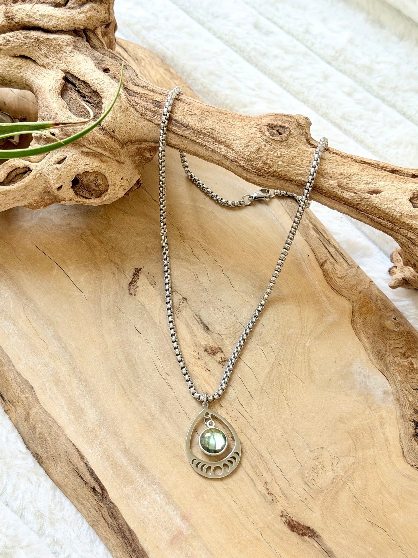 Labradorite + Stainless Moon Phases Necklace