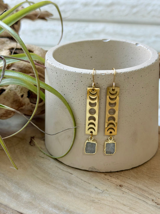 Rainbow Moonstone + Gold Moon Phases Earrings