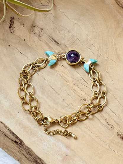 Amethyst + Turquoise Gold Moon Bracelet