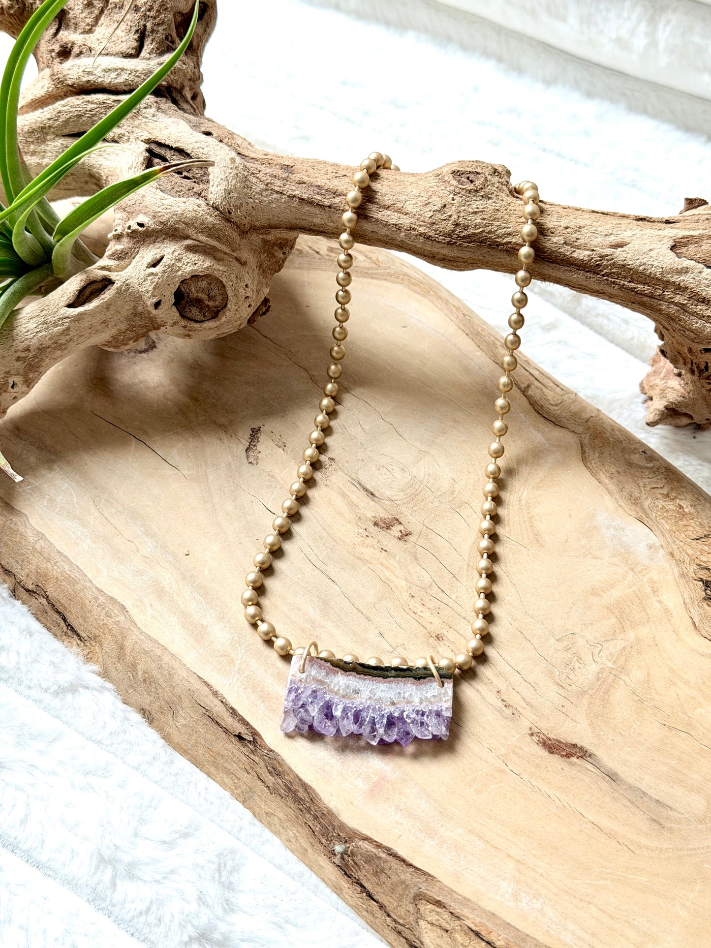 Rough Cut Amethyst + Matte Gold Ball Chain Necklace
