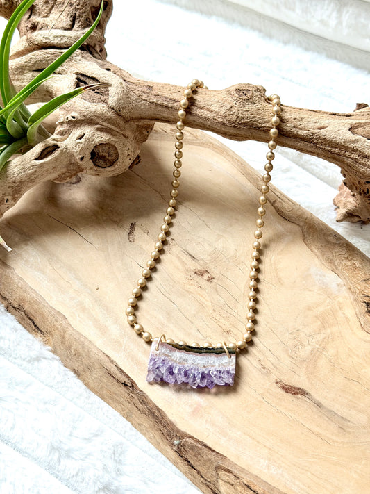 Rough Cut Amethyst + Matte Gold Ball Chain Necklace