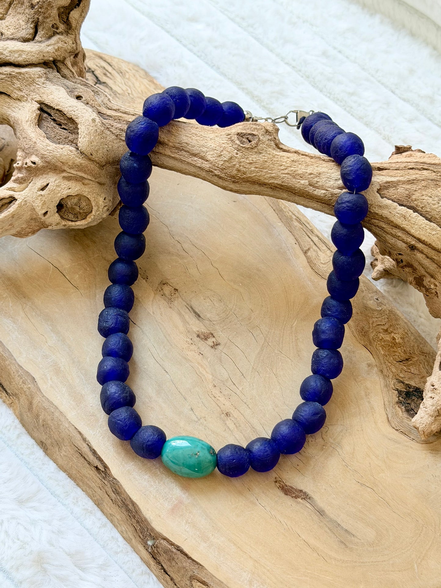 Tibetan Turquoise + Cobalt Blue African Glass Chunky Necklace