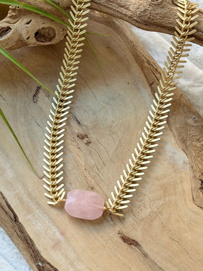 Rose Quartz + Matte Gold Fishbone Chain Necklace