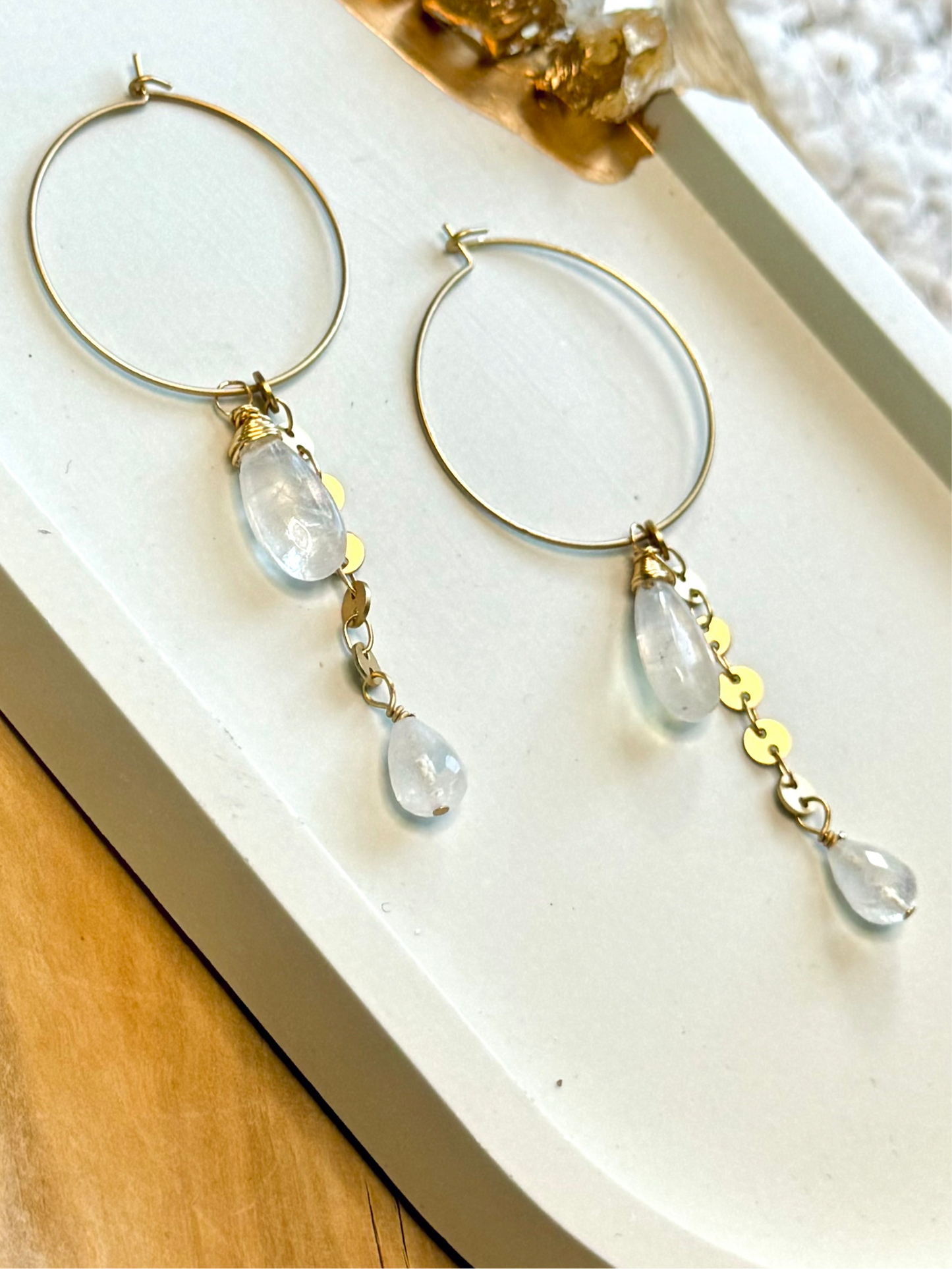 Rainbow Moonstone + Matte Gold Hoop Earrings