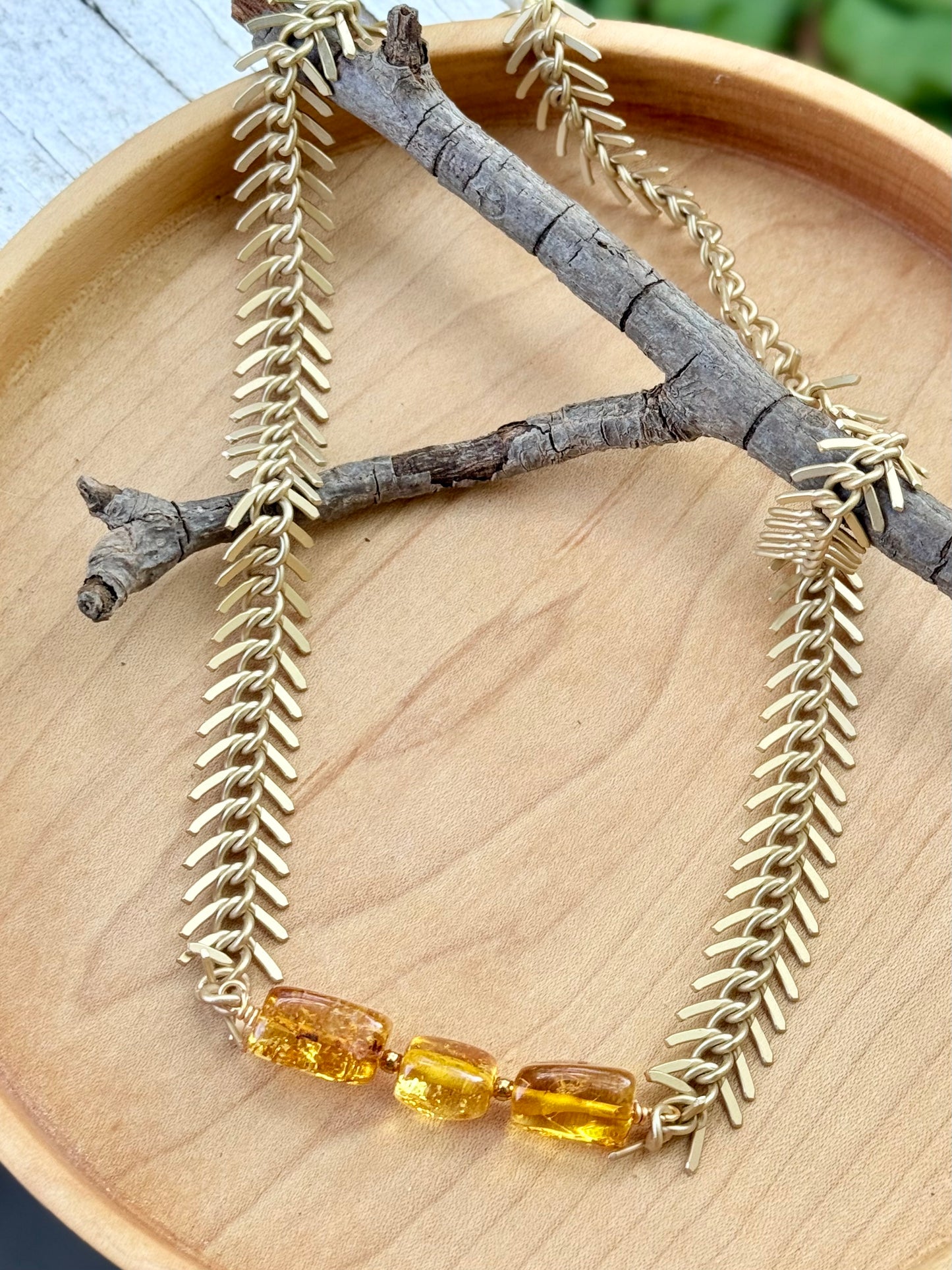 Amber + Matte Gold Fishbone Chain Necklace