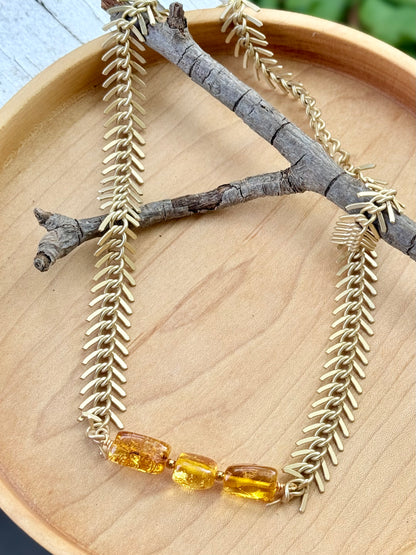 Amber + Matte Gold Fishbone Chain Necklace