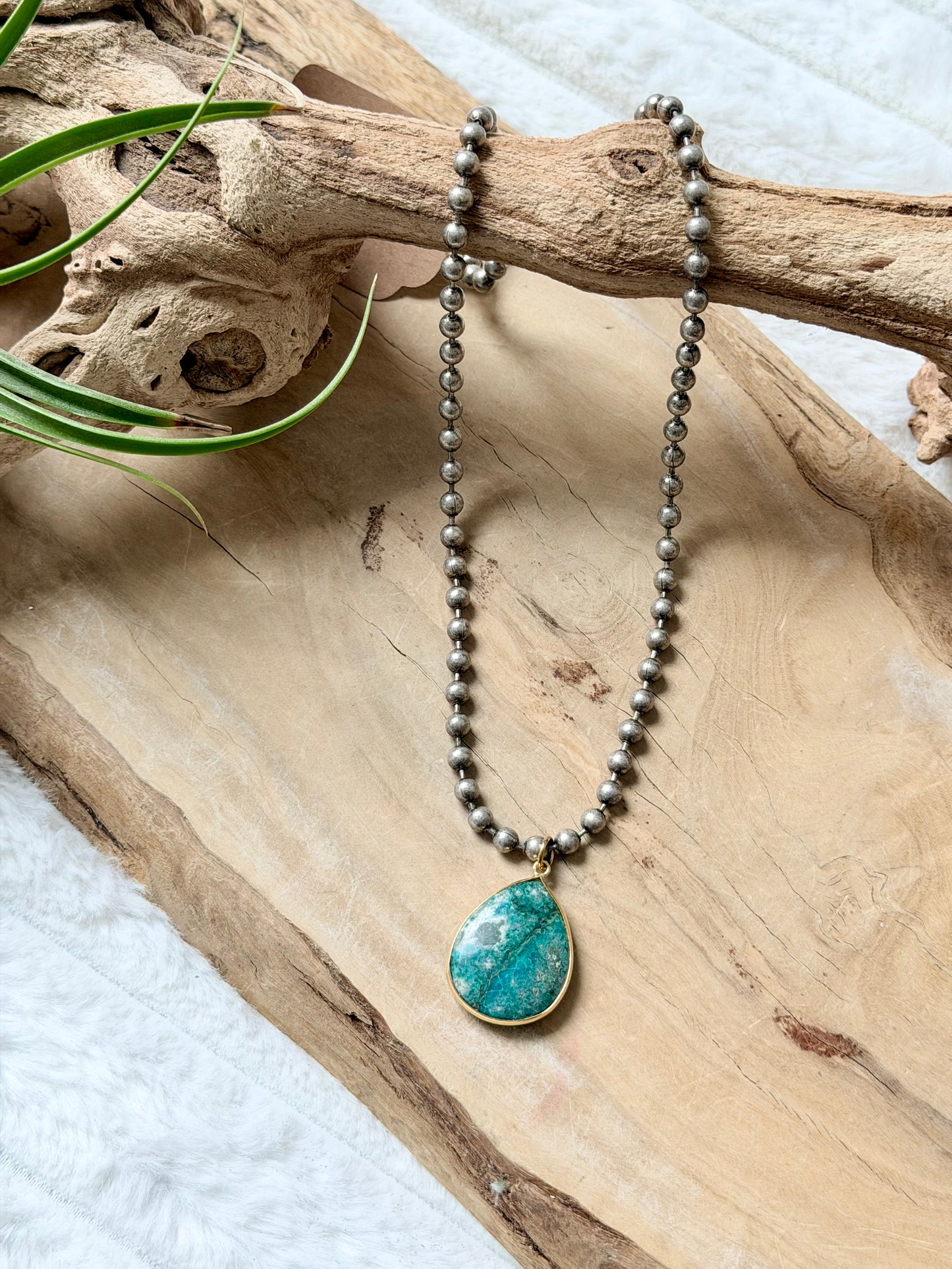 Chrysocolla + Antique Silver Ball Chain Necklace