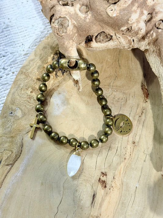 Rainbow Moonstone + Brass Ball Charm Bracelet