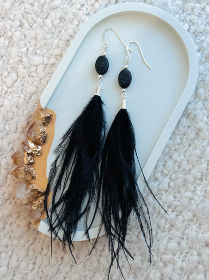 Lava Rock + Silver Black Feather Earrings