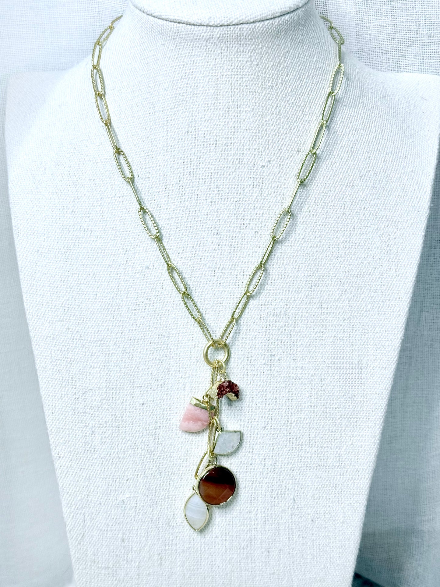 Warm Neutrals + Matte Gold Lariat Charm Necklace