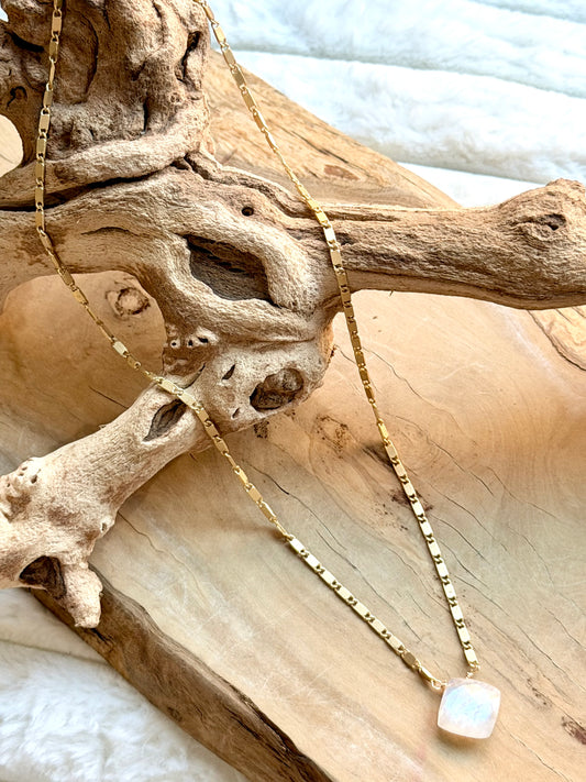 Rainbow Moonstone + Matte Gold Necklace