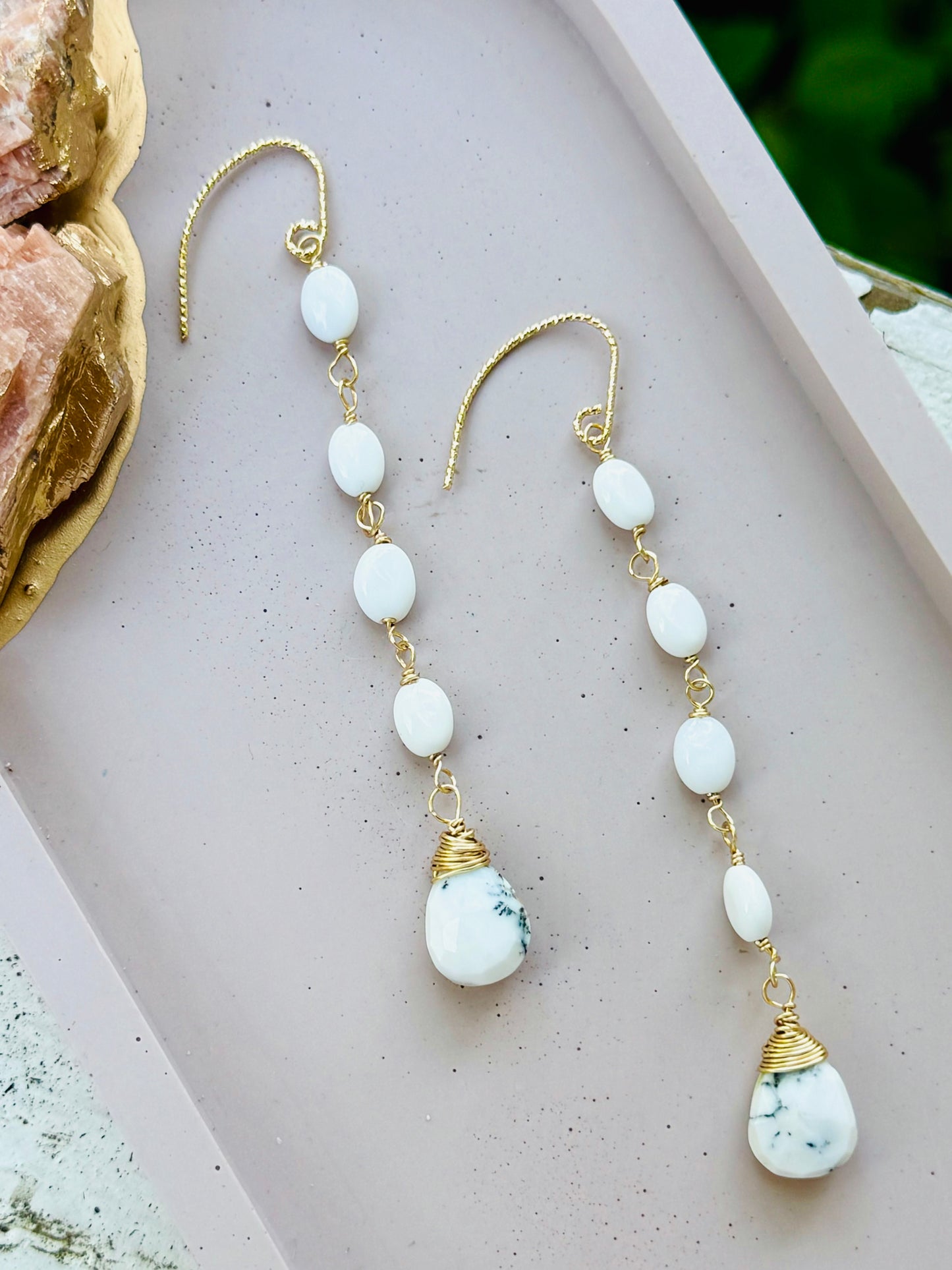 Dendritic Opal + Gold Drop Earrings