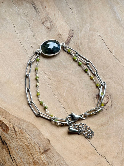Labradorite + Green Opal Duet Bracelet in Stainless Steel