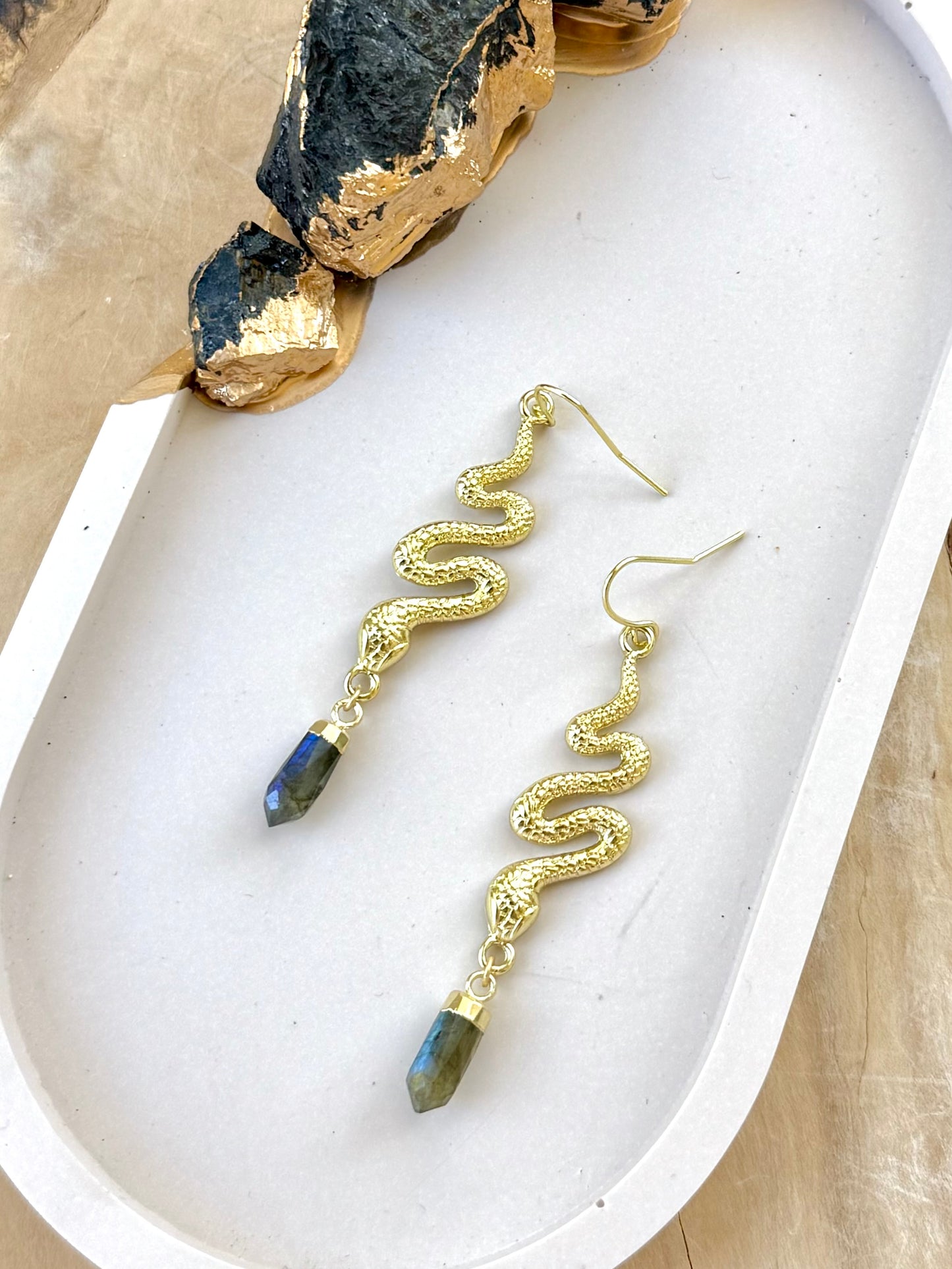 Labradorite + Gold Snake Earrings