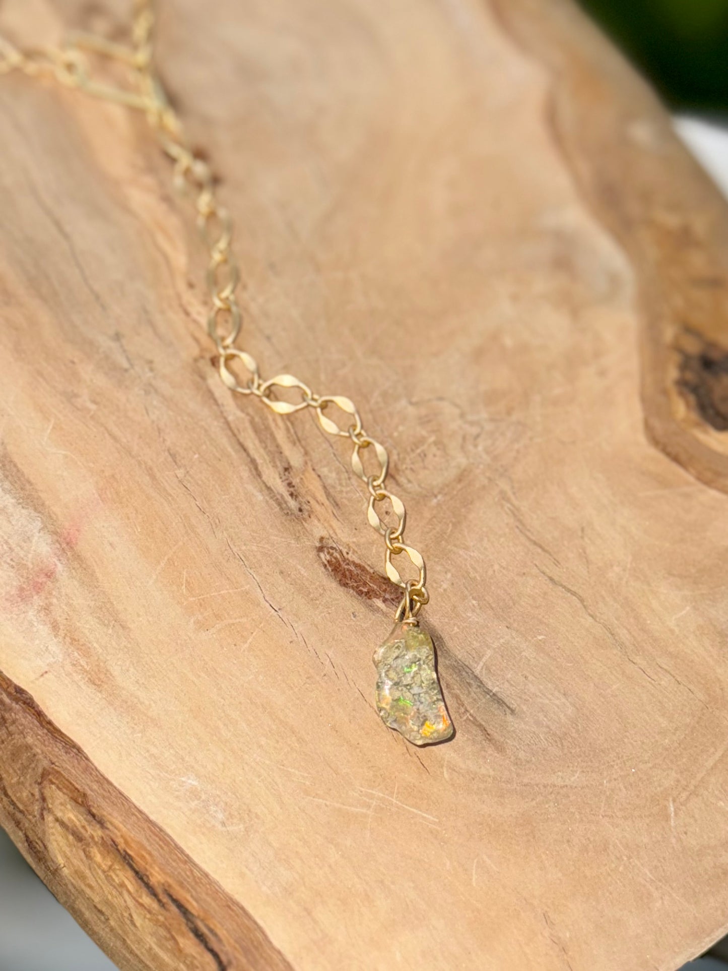 Ethiopian Opal + Matte Gold Pull Through Lariat Necklace