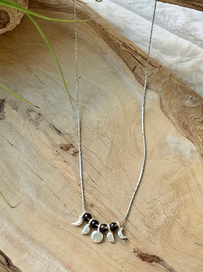 Smoky Quartz + Silver Moon Phases Necklace