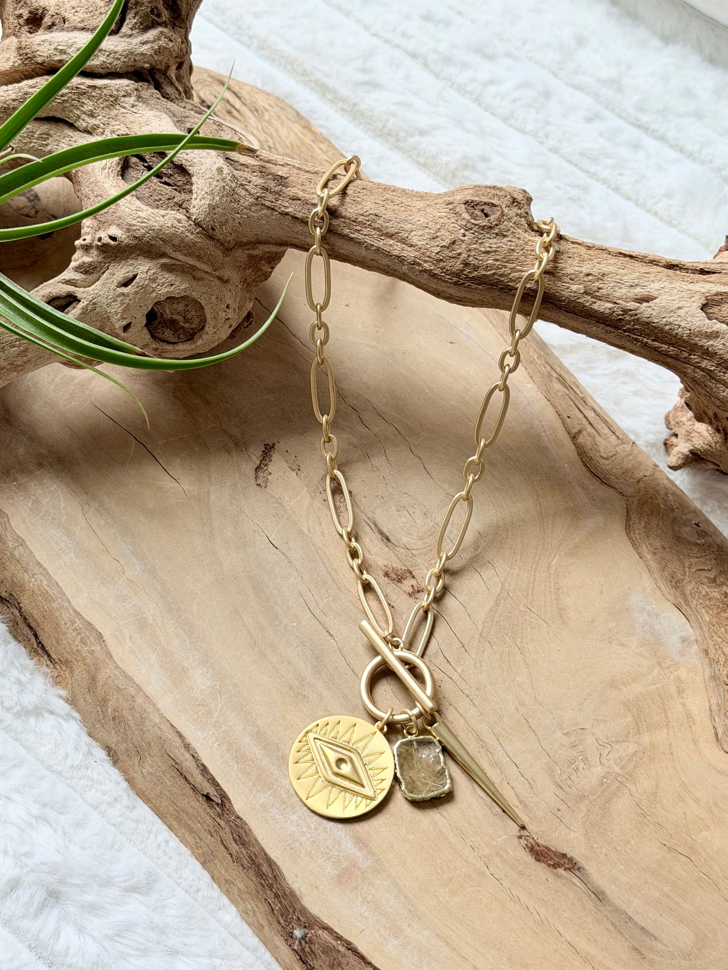 Rutile Quartz + Matte Gold Evil Eye Toggle Necklace