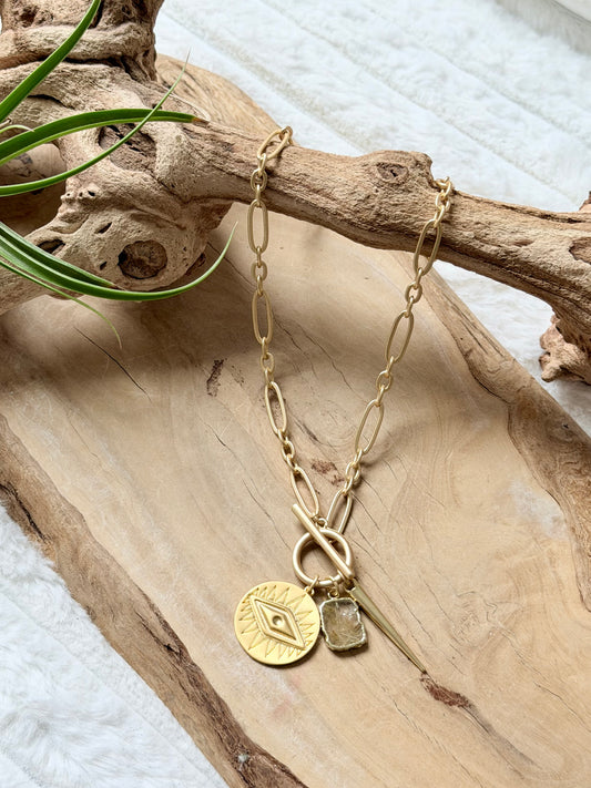 Rutile Quartz + Matte Gold Evil Eye Toggle Necklace