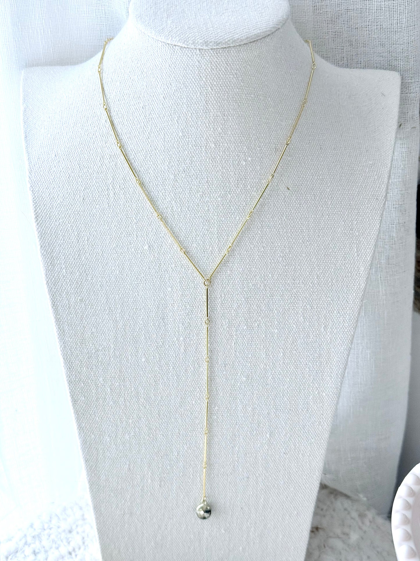 Pyrite + Gold Stick Lariat Necklace