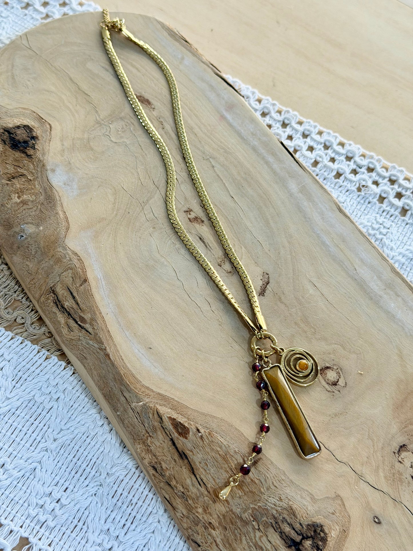 Tiger Eye + Garnet Gold Stainless Steel Carabiner Charm Necklace