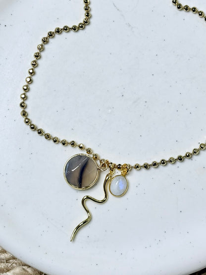 Gray Agate + Rainbow Moonstone Gold Snake Necklace