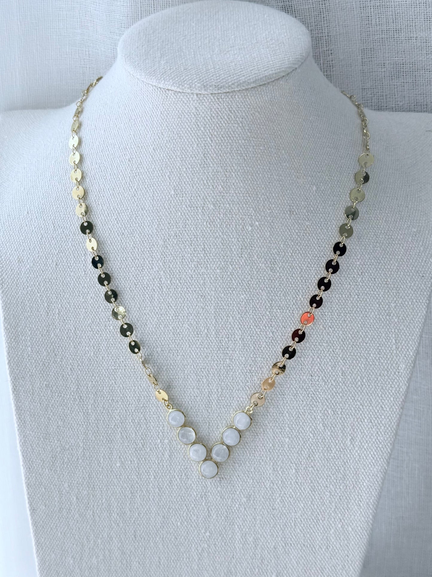 Rainbow Moonstone + Gold V-Shaped Sequin Necklace