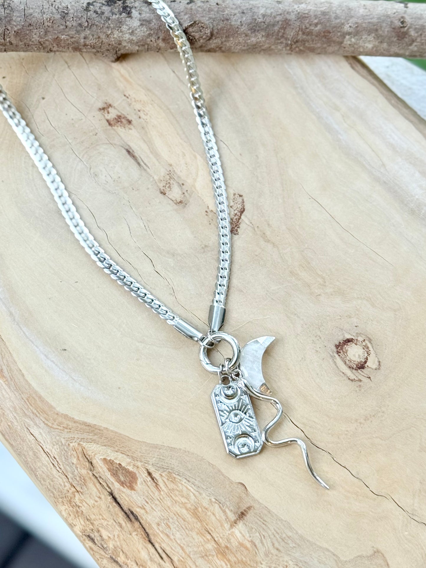 Rainbow Moonstone Moon + Silver Carabiner Charm Necklace