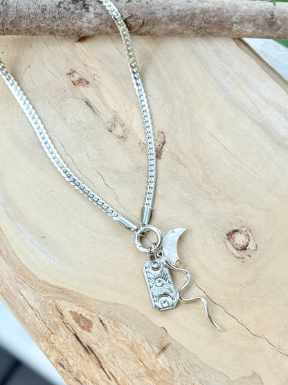 Rainbow Moonstone Moon + Silver Carabiner Charm Necklace