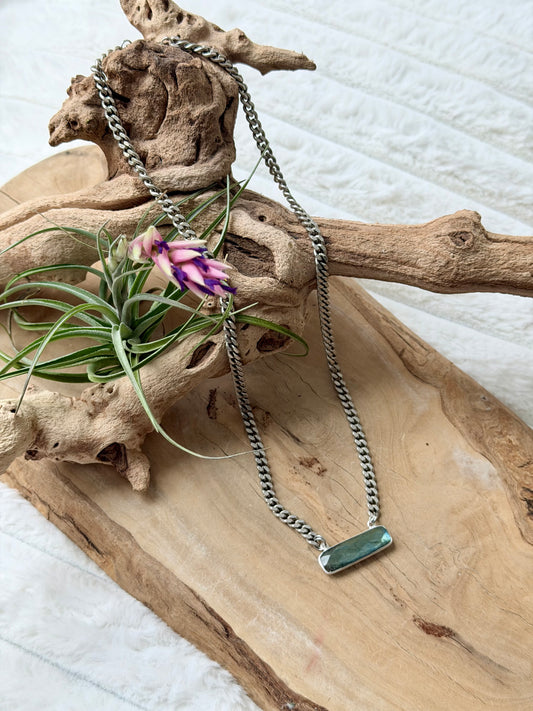 Labradorite + Antique Silver Rectangle Bar Necklace