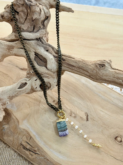 Amethyst Stalactite + Moonstone Antique Brass Necklace
