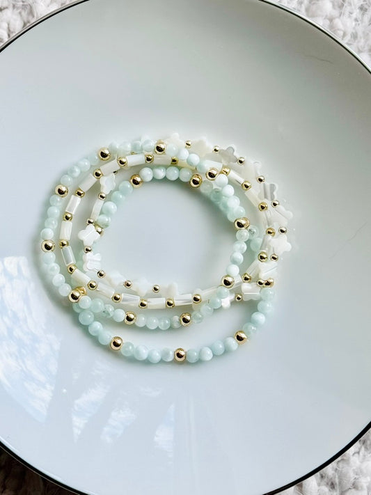 Green Moonstone + Pearl in Gold (4-stack)