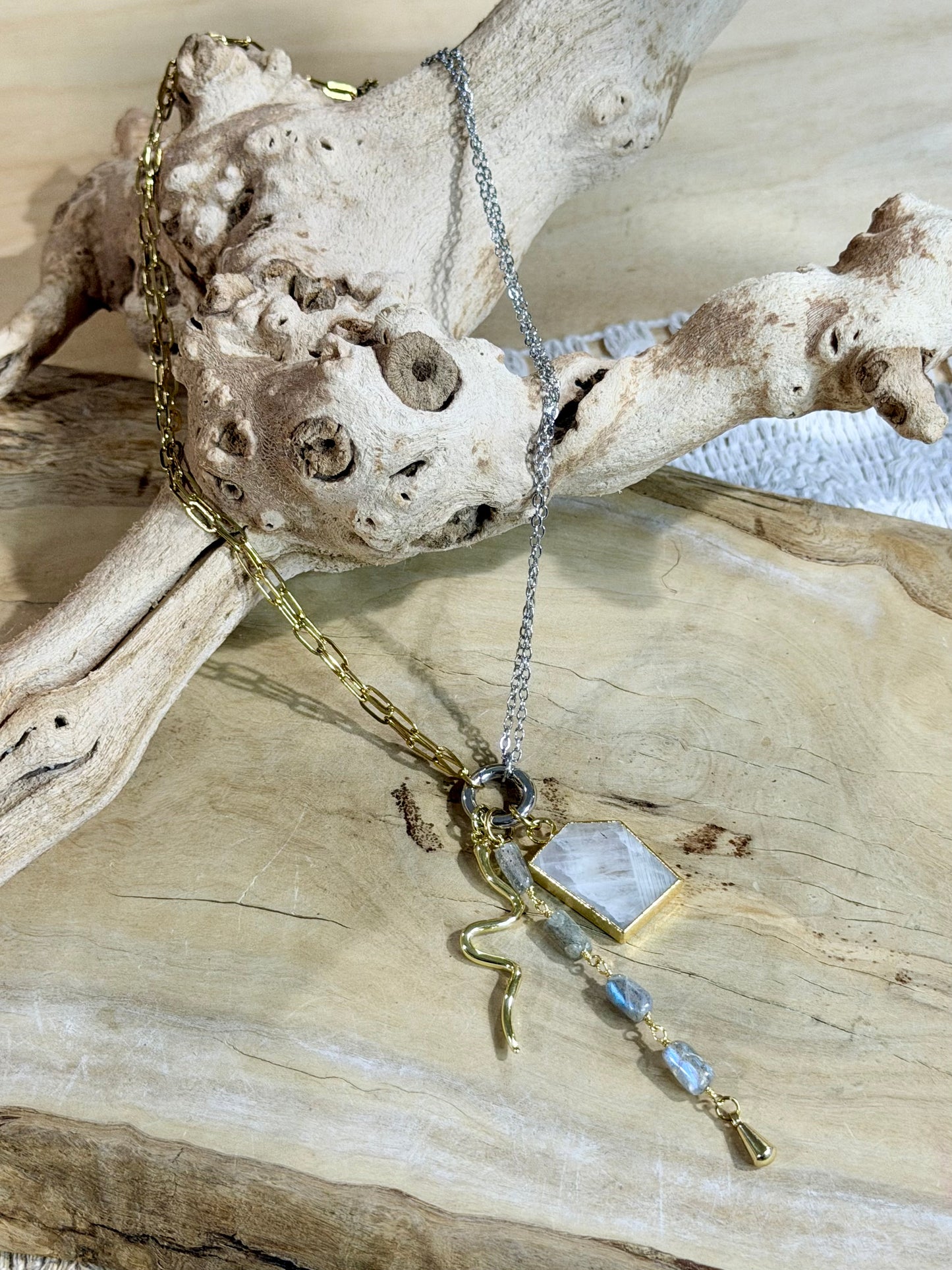 Labradorite + Mixed Metal Carabiner Charm Necklace
