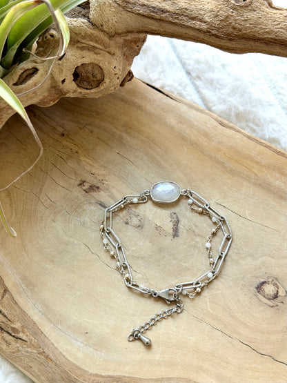 Rainbow Moonstone + Pyrite Duet Bracelet in Stainless Steel