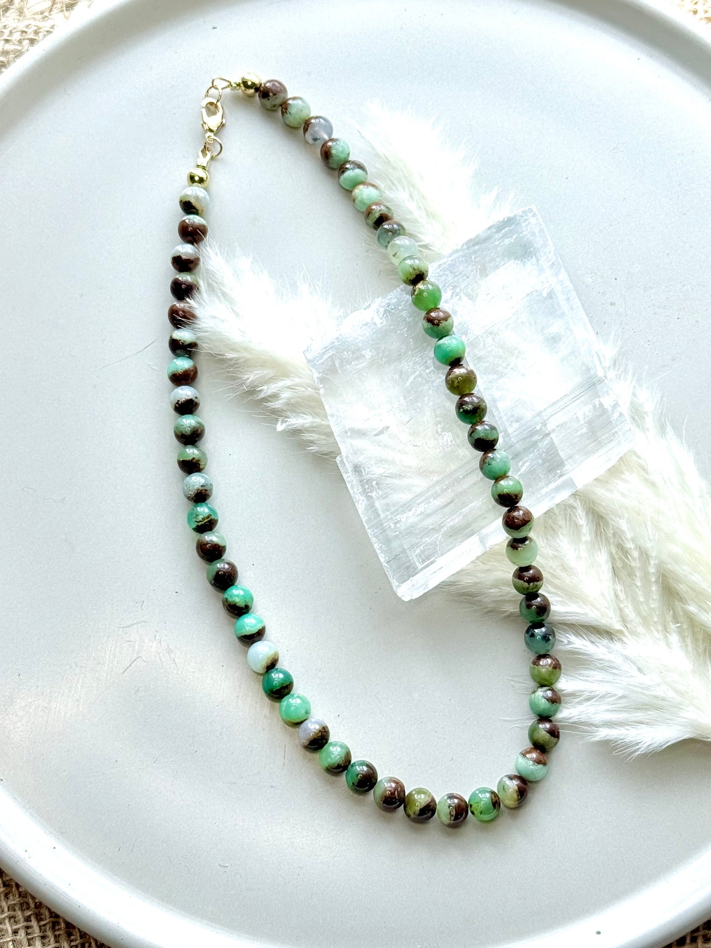 Brown/Green Chrysoprase + Gold Beaded Necklace