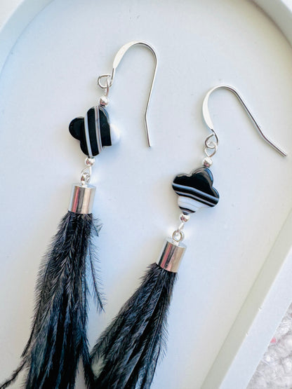 Tuxedo Agate + Silver Black Feather Earrings